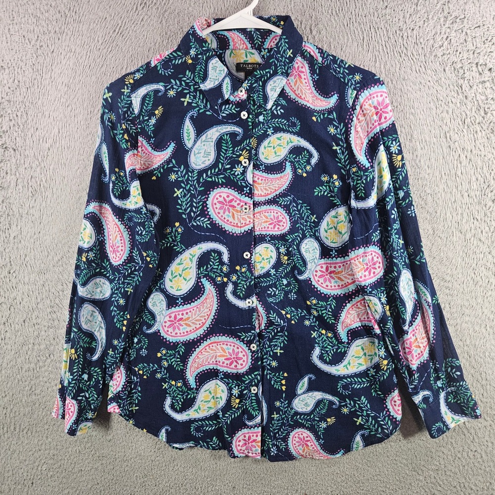 Talbots Petite Navy Paisley Cotton Button Down Shirt Womens Small SP Long Sleeve